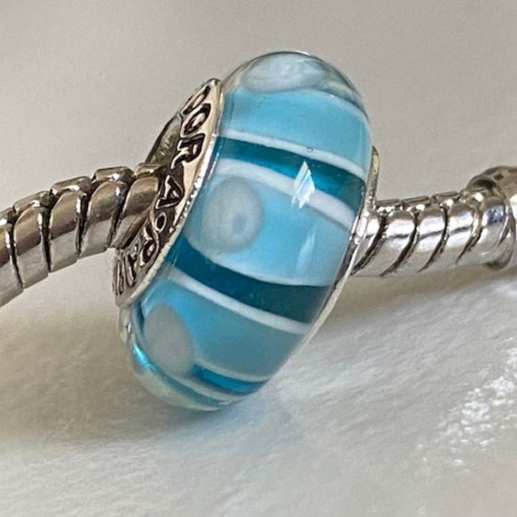 PANDORA Silver 925 ALE Murano Glass Screw Core Blue Stripes With White Dots Bead - Picture 3 of 8
